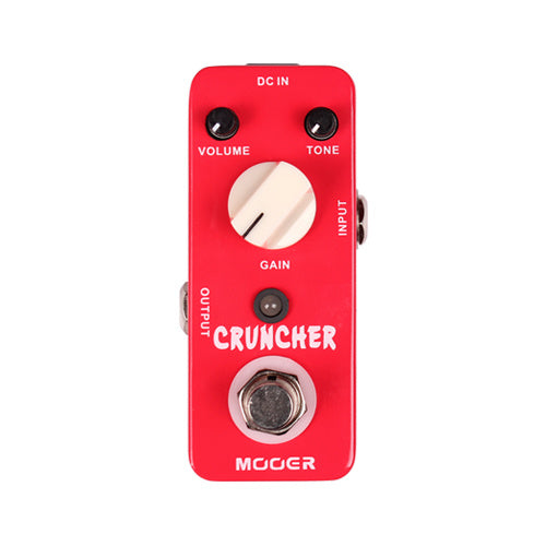 Red Mooer Cruncher effects pedal with volume, tone, and gain knobs, input and output jacks on the sides, and a footswitch at the bottom.