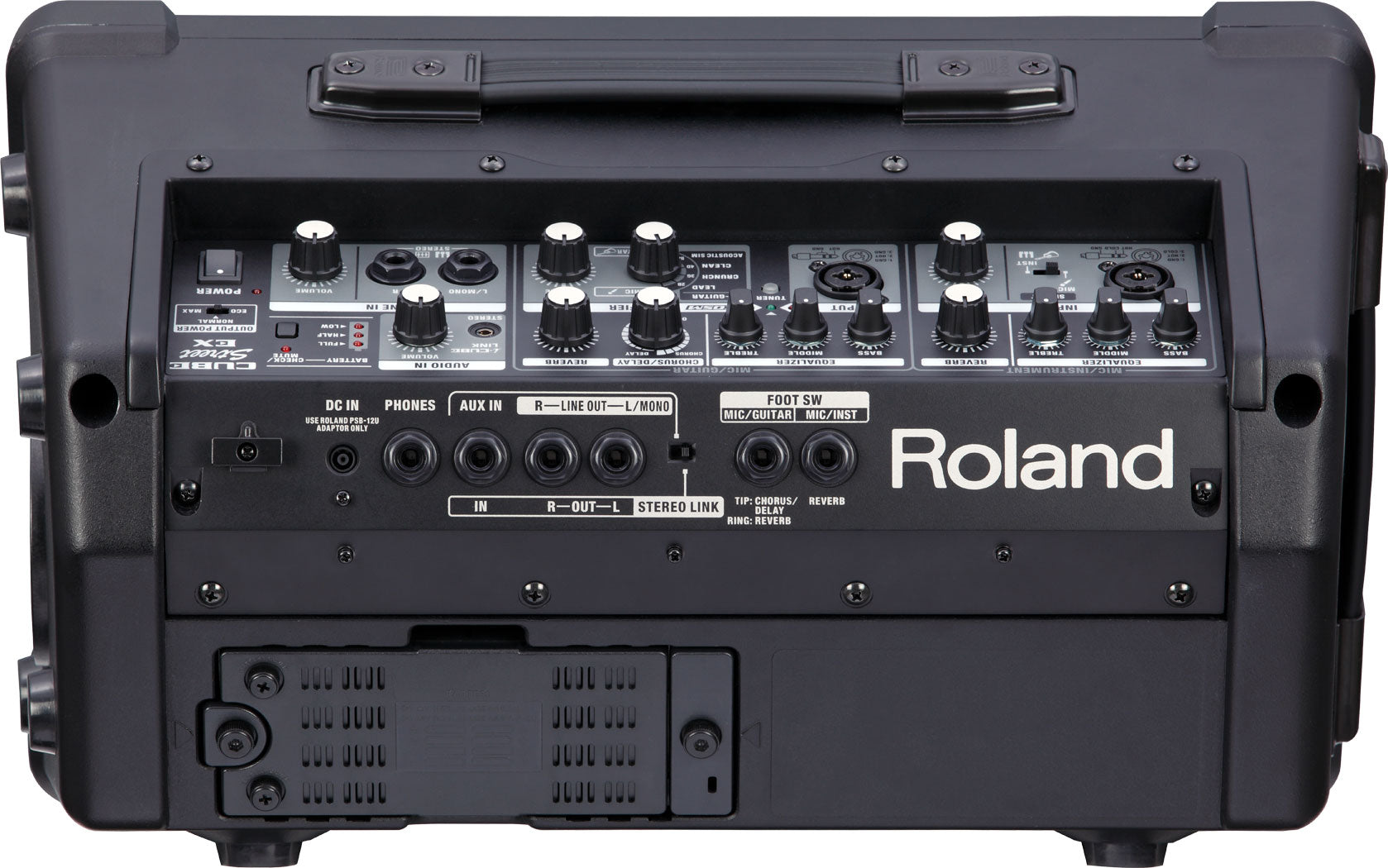 Ampli Roland noir, nombreux boutons et entrées sur le dessus, ports casque, auxiliaire, line, footswitch et grandes lettres "Roland" en façade.