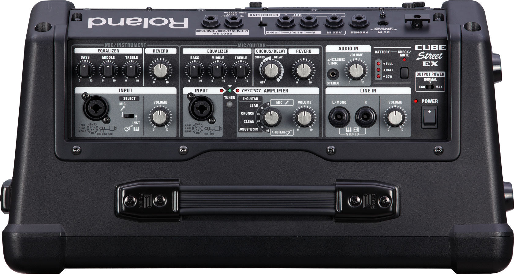 Ampli Roland noir avec plusieurs boutons rotatifs, sélecteurs et entrées jack/XLR en façade, poignée de transport sur le devant.