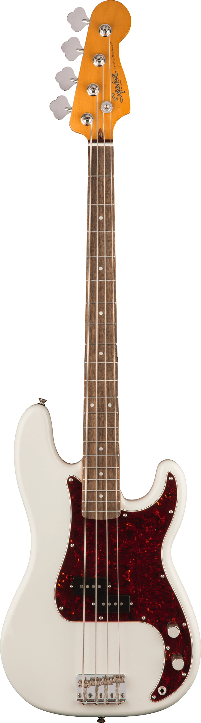 White Squier Precision Bass guitar with a dark red tortoiseshell pickguard, four strings, and a maple headstock with chrome tuning pegs.