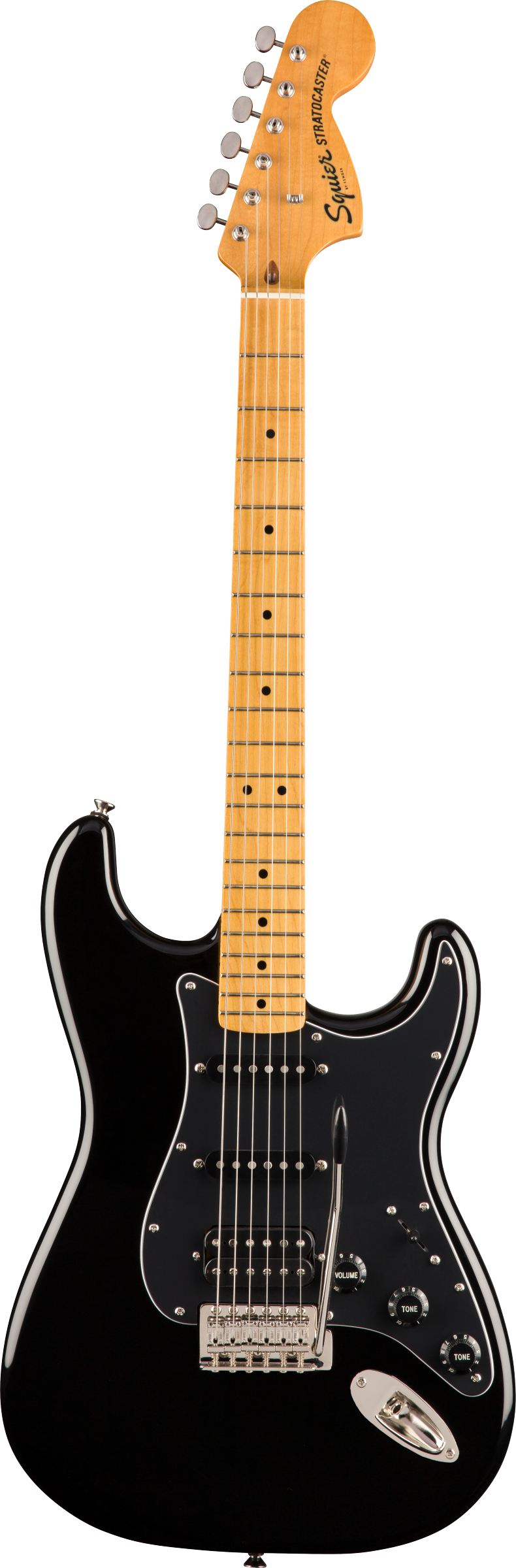 Black electric guitar with a glossy finish, three pickups, white fret markers, chrome hardware, and a light-colored maple neck and headstock.