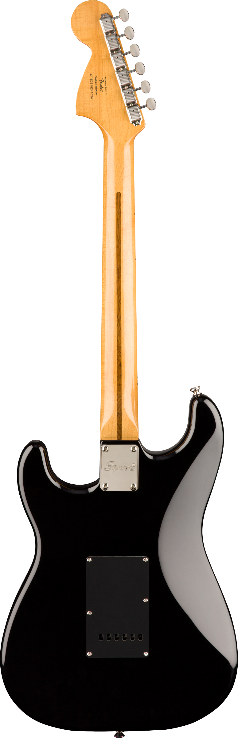 Black electric guitar viewed from the back, showing a light wood neck with six tuning pegs and a black rectangular cover plate on the body.