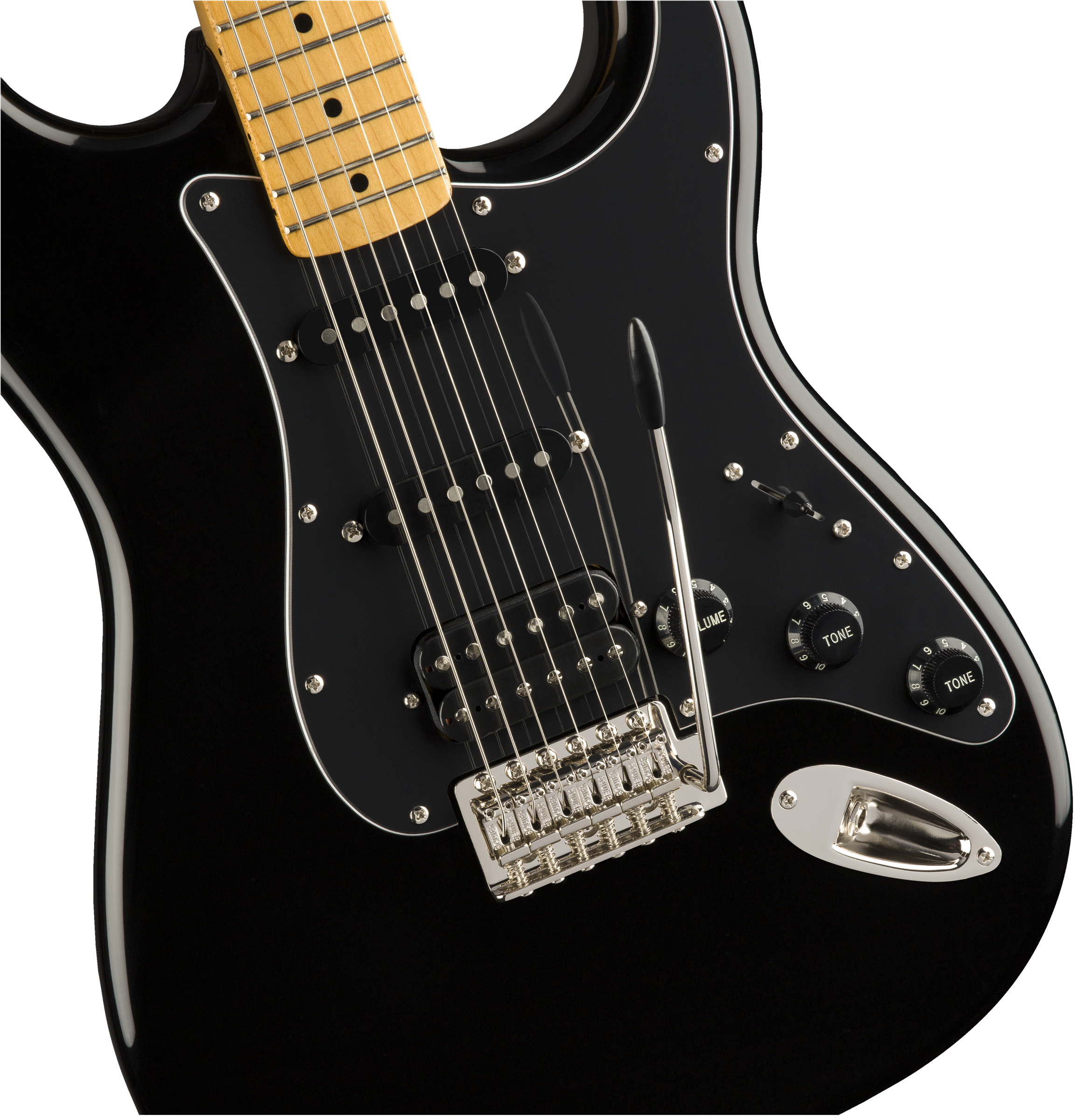 Black electric guitar body with three pickups, a whammy bar, chrome bridge, three black knobs labeled volume and tone, and a light-colored neck.