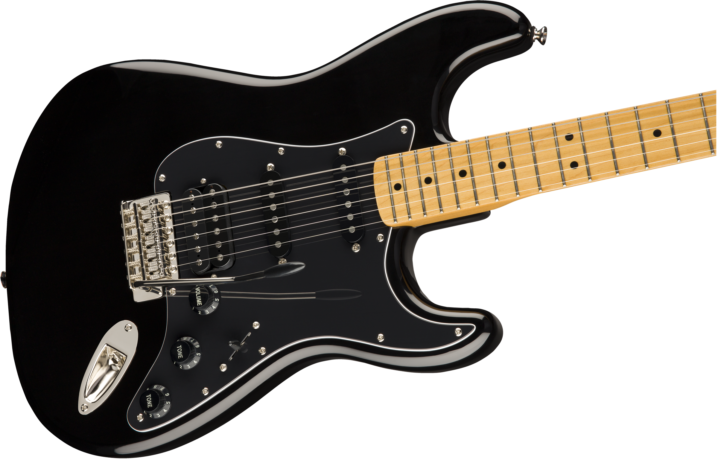 Black electric guitar with a glossy finish, three black pickups, maple neck and fretboard, chrome bridge, whammy bar, and three control knobs.