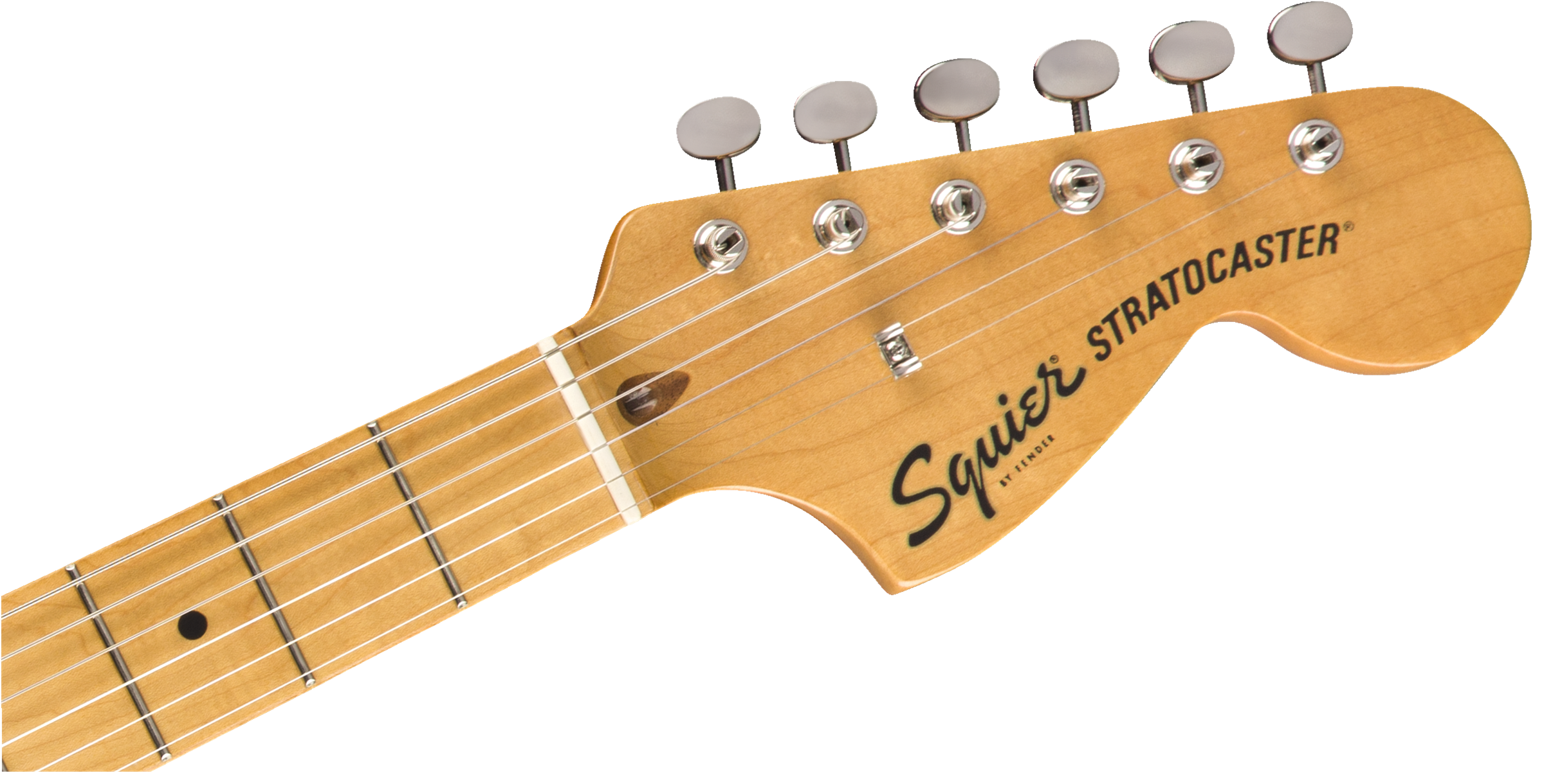 Light maple wood headstock of a Squier Stratocaster electric guitar with six tuning pegs and visible string guides.