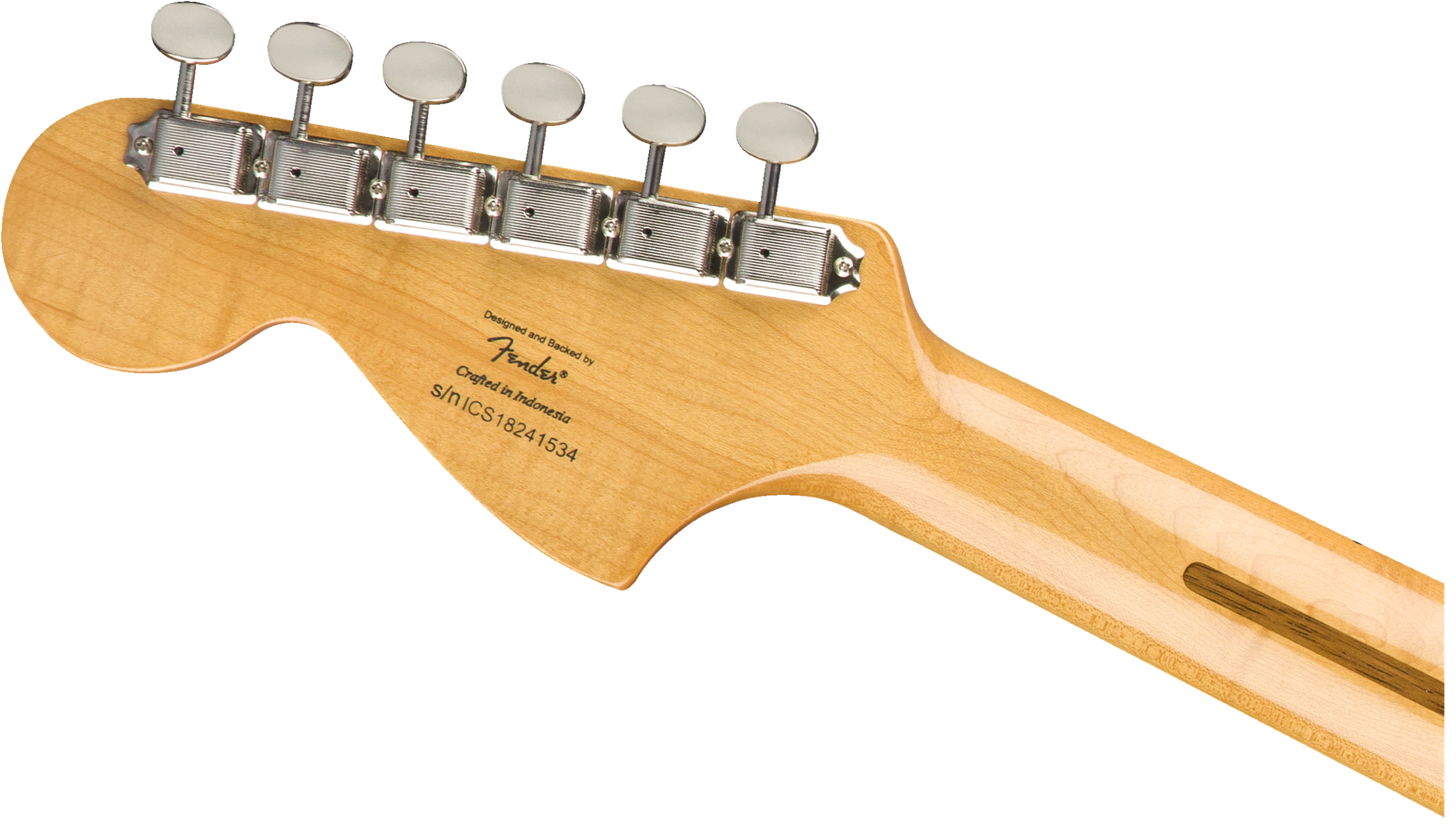 Back of a Fender electric guitar headstock in light wood, showing six silver tuning pegs and serial information printed on the neck.