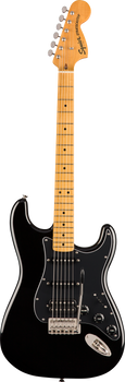 Black electric guitar with a glossy finish, three pickups, white fret markers, chrome hardware, and a light-colored maple neck and headstock.