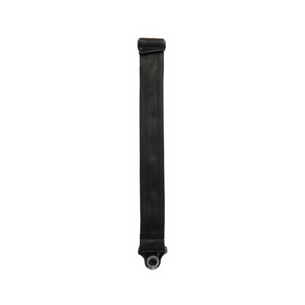 A long black strap accessory with a rectangular buckle at one end and a rounded metal grommet at the other.