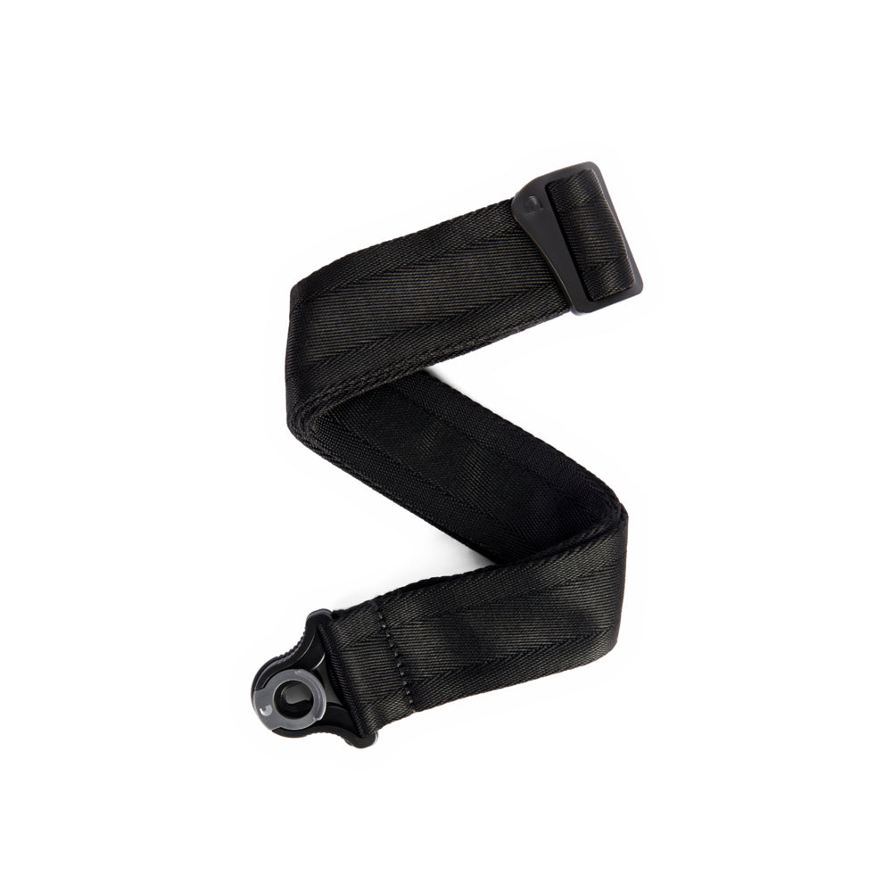 Black adjustable strap accessory with a plastic buckle at one end and a round plastic loop attachment at the other end.