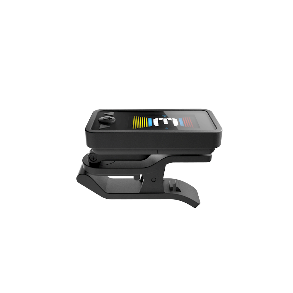 Black clip-on tuner with a rectangular color display showing tuning bars, viewed from the side with the clamp open.