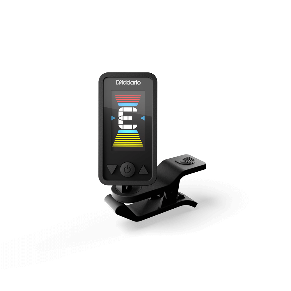 Digital clip-on tuner with a rectangular color display showing the note "E" and a multi-colored pitch indicator, attached to a black spring clip.