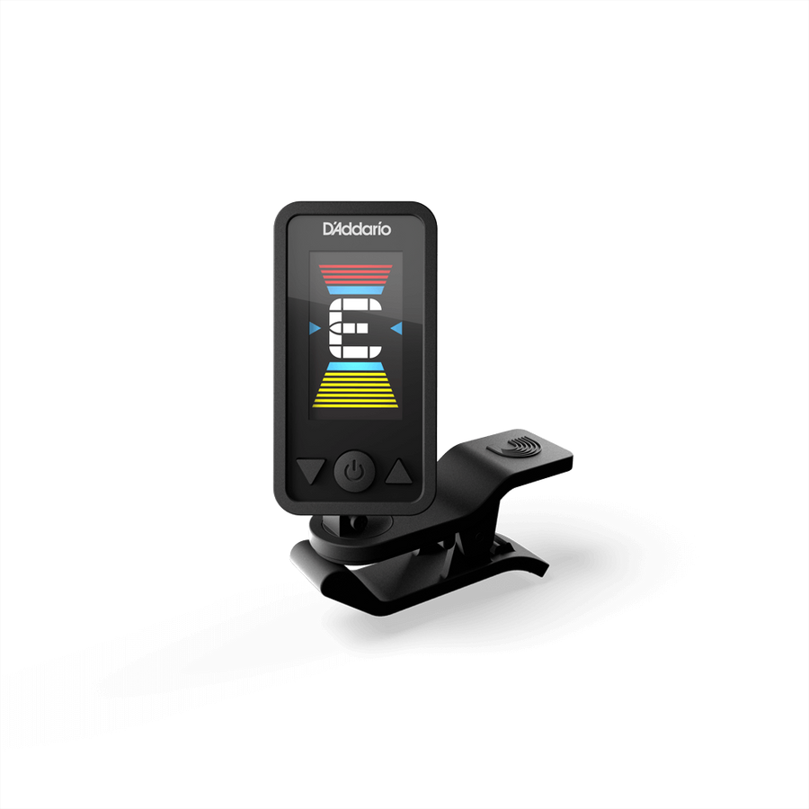 Digital clip-on tuner with a rectangular color display showing the note "E" and a multi-colored pitch indicator, attached to a black spring clip.