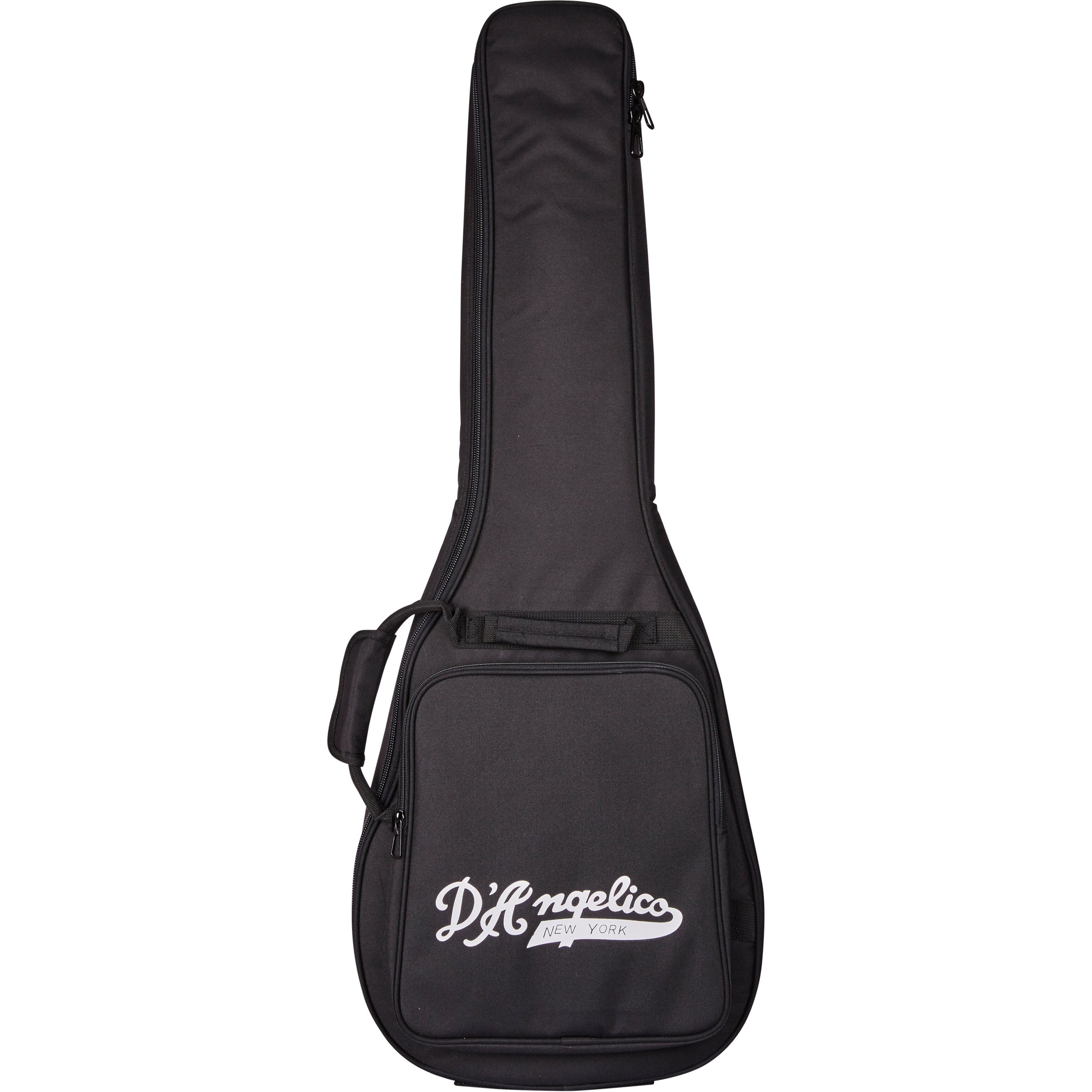 Black soft gig bag with handle and exterior zipper pocket, labeled D'Angelico New York, designed to carry and protect an electric guitar.