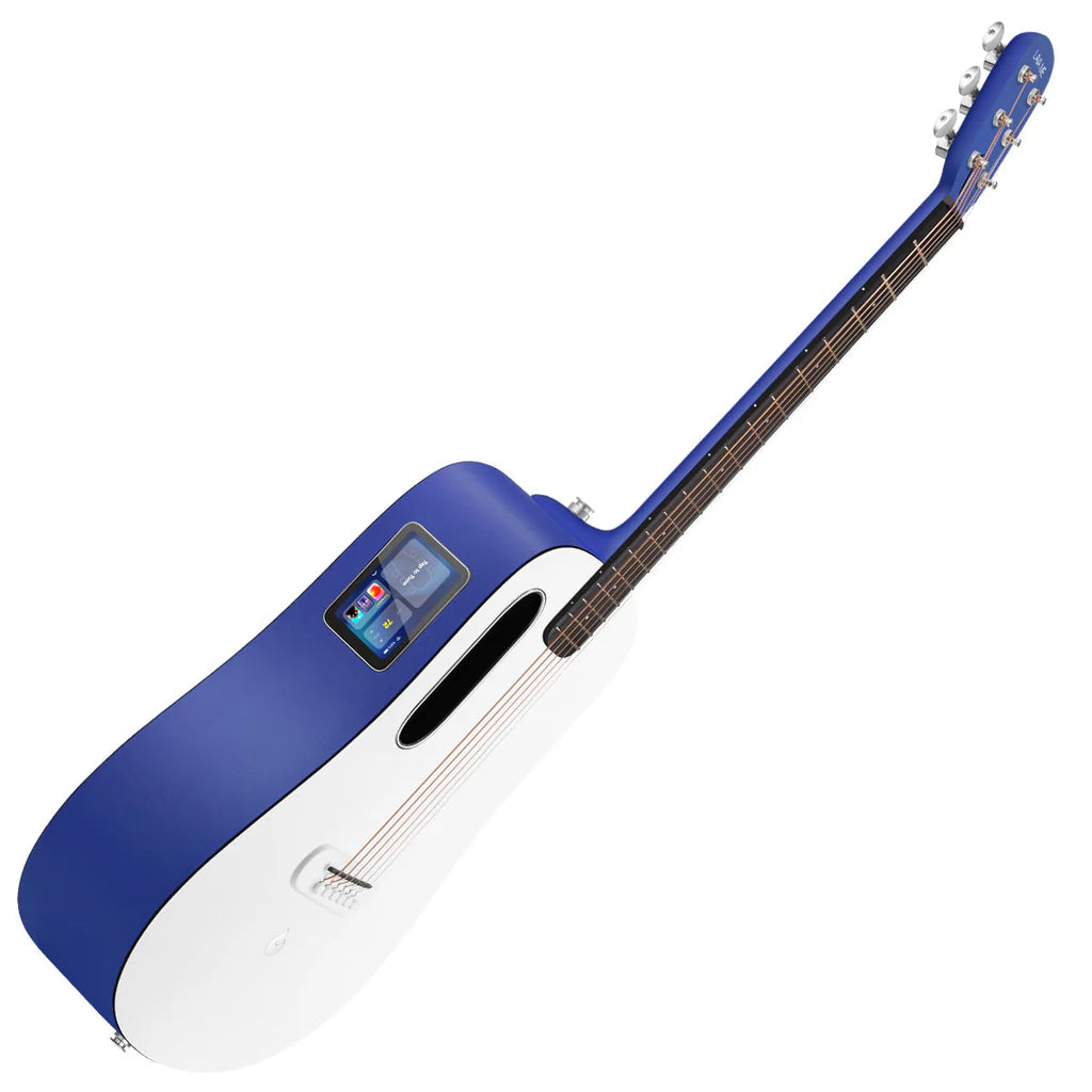 Blue and white acoustic guitar with a touchscreen display on the body, six strings, and standard tuning pegs. Folk instrument.