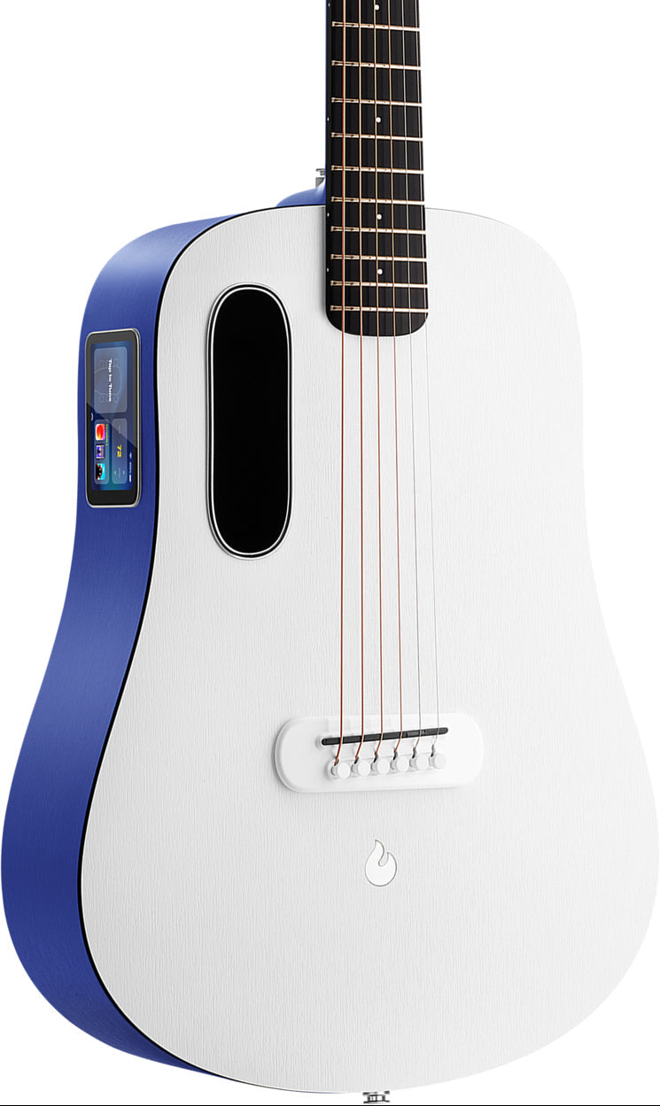 Modern folk guitar with a white front, blue sides, rectangular sound hole, touchscreen on the side, and six copper-colored strings.