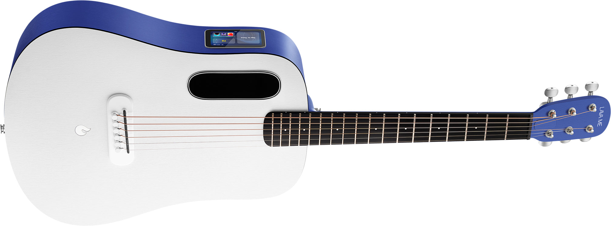 Modern acoustic guitar with a matte white body, blue sides and headstock, touchscreen panel, and rectangular soundhole on the upper side.