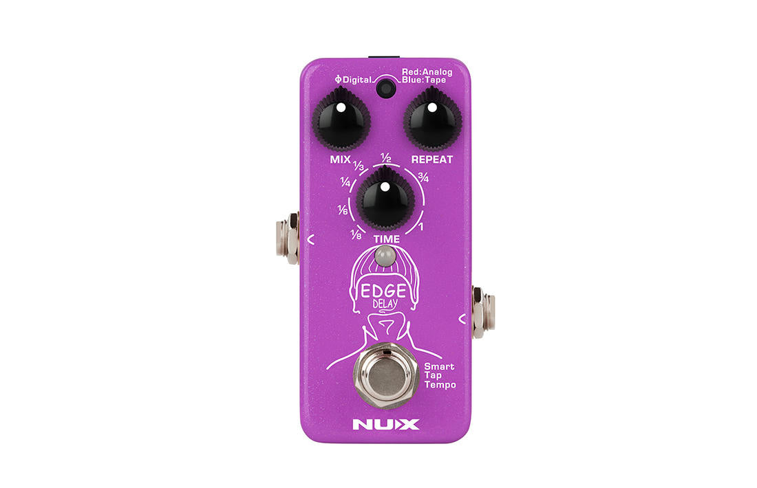 Purple NUX Edge Delay FX pedal with three black knobs labeled Mix, Repeat, Time, and a footswitch labeled Smart Tap Tempo.