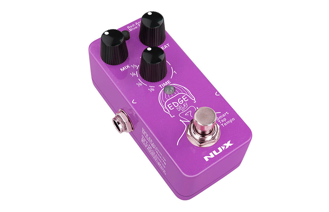 Purple FX pedal labeled "NUX Edge Delay" with three black knobs, a footswitch, and a line drawing of a face in the center.