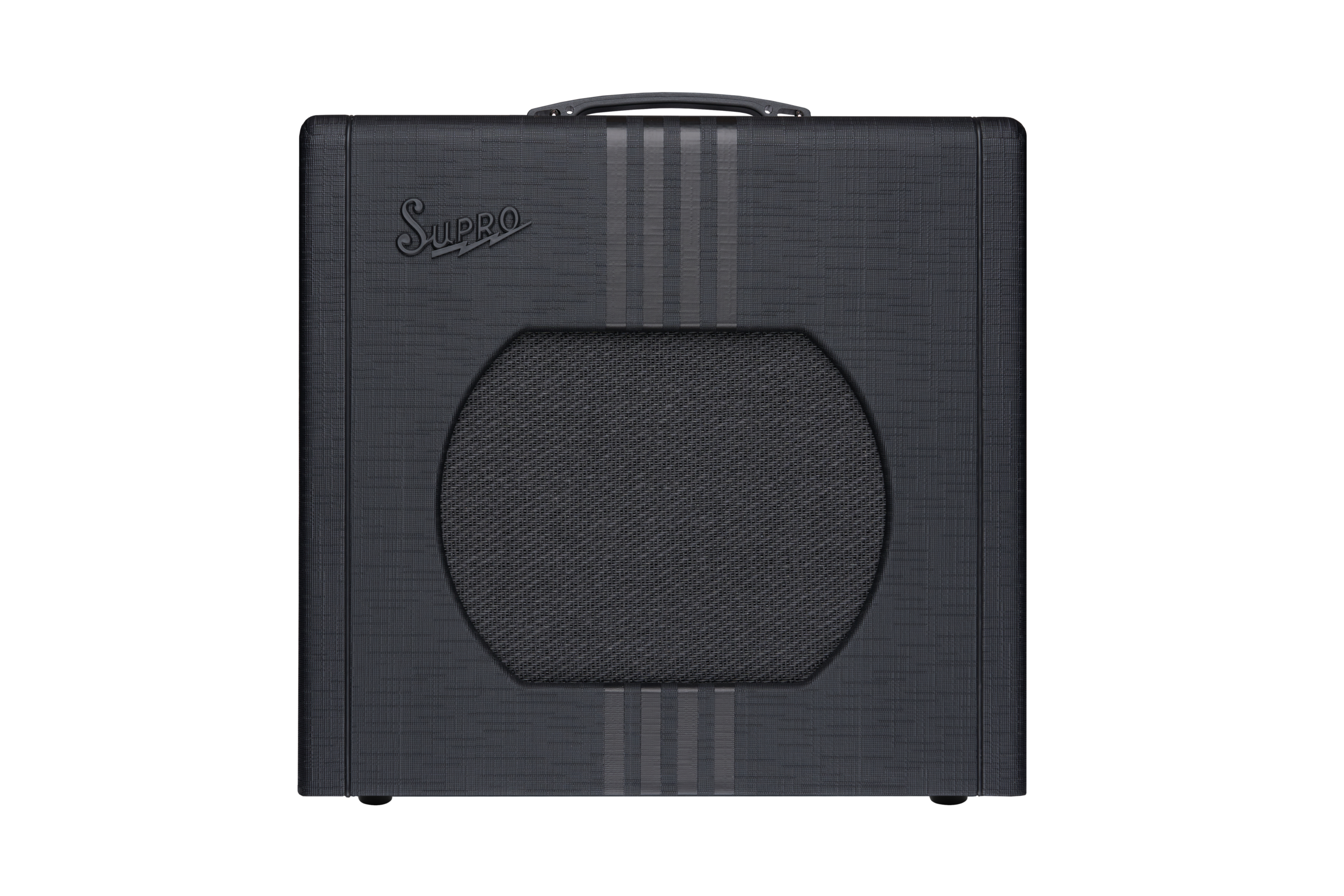 Supro amplifier with a textured black front, round speaker grille, vertical silver stripes, and a carrying handle on top.