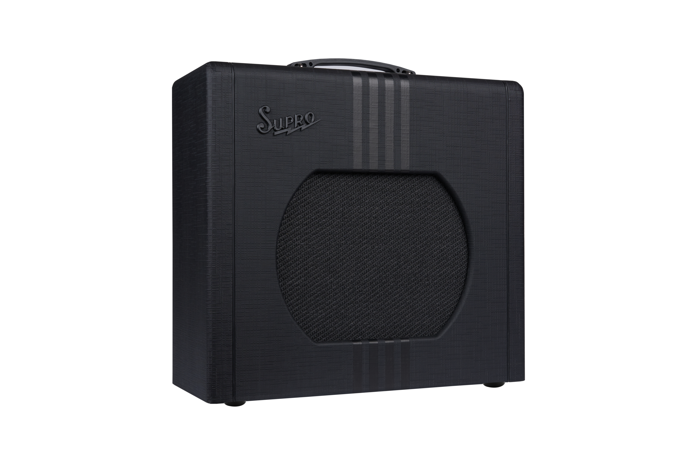 Black Supro amplifier with a textured finish, rounded rectangular shape, top handle, front speaker grille, and three vertical stripes on the front.