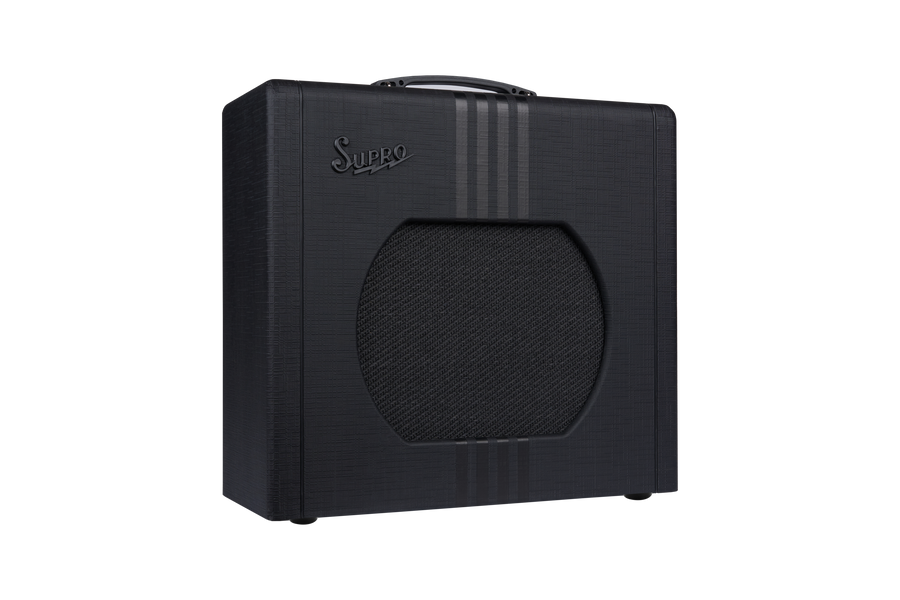 Black Supro amplifier with a textured finish, rounded rectangular shape, top handle, front speaker grille, and three vertical stripes on the front.