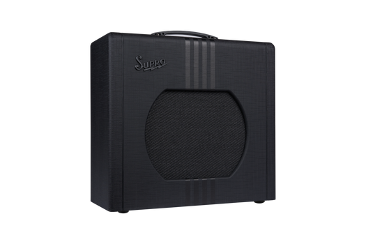 Black Supro amplifier with a textured finish, rounded rectangular shape, top handle, front speaker grille, and three vertical stripes on the front.