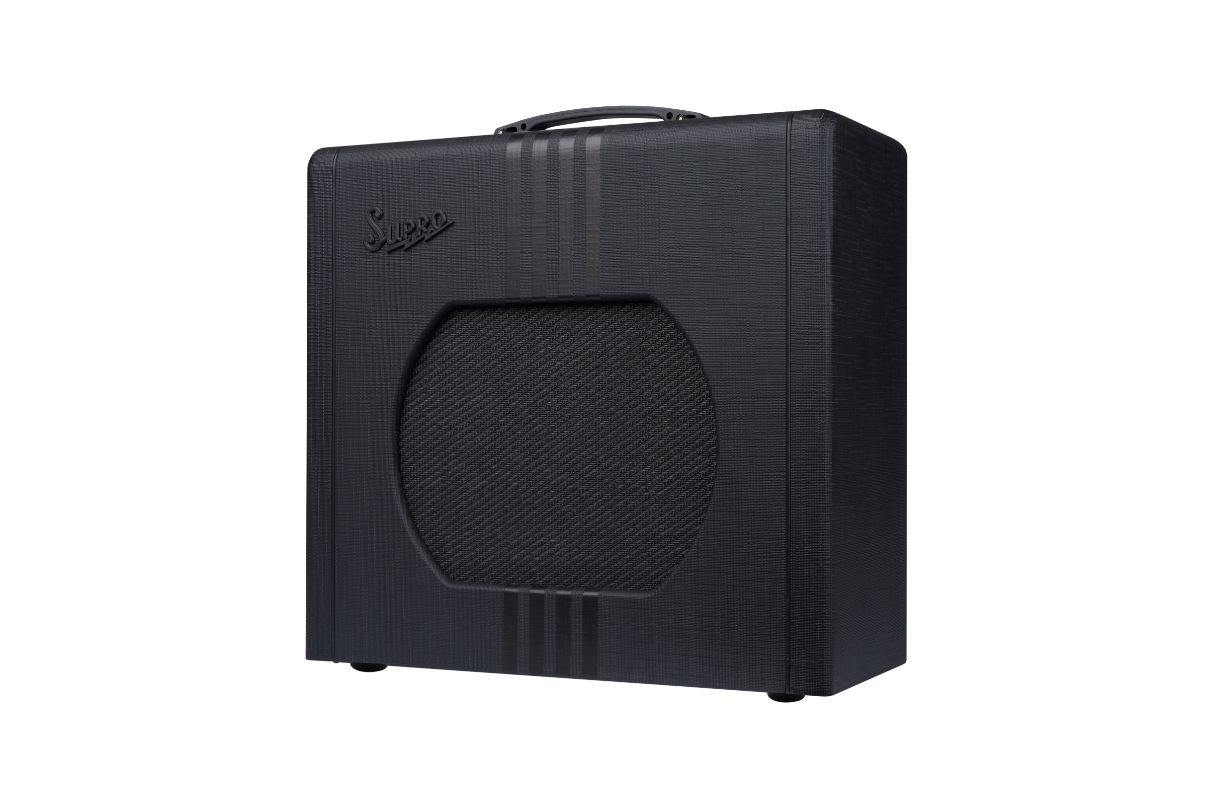 Black Supro amplifier with a textured finish, rounded edges, a top handle, and a front speaker grille set inside an octagonal cutout.