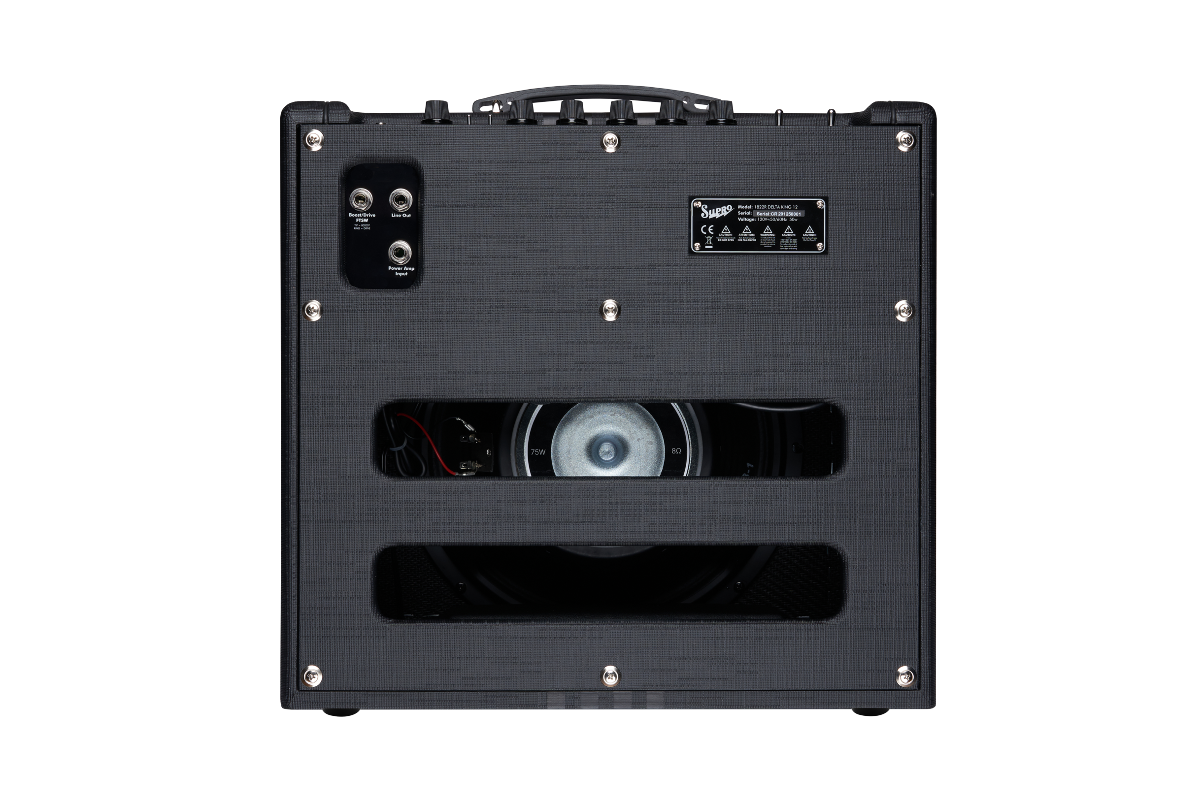 Rear view of a black amplifier showing control panel, input/output jacks, ventilation slots, speaker cone, and product label.