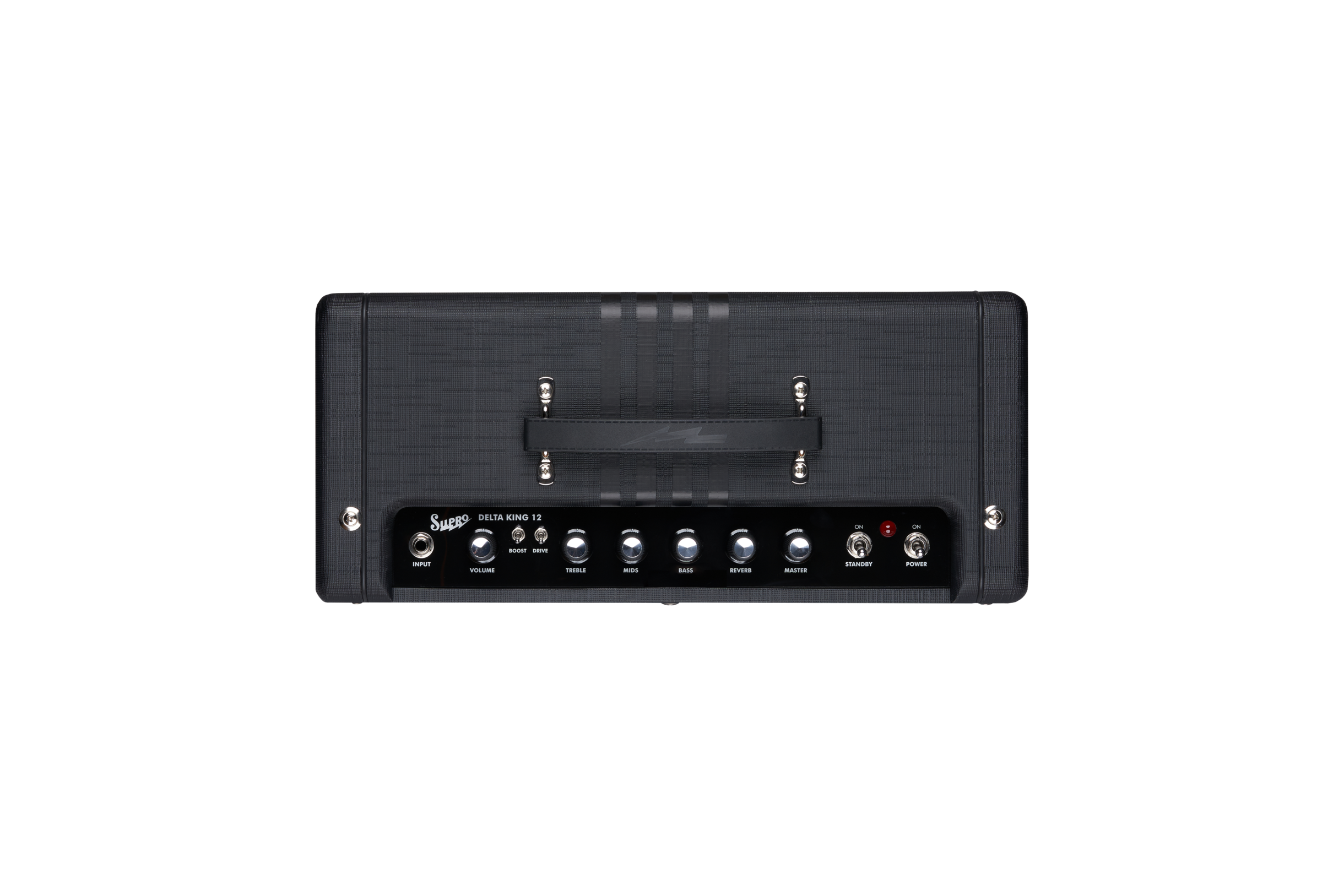 Black Supro Delta King 12 amplifier head with a top handle, eight silver control knobs, and two toggle switches labeled standby and power.