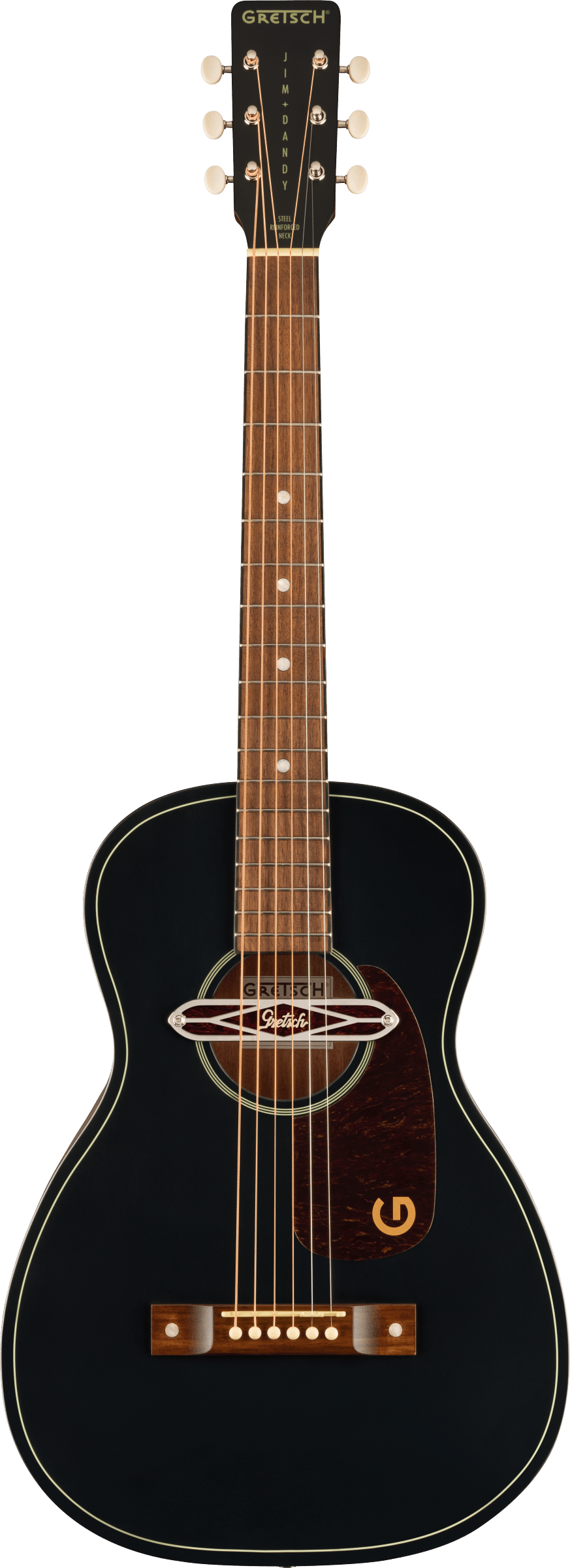 Small-bodied acoustic guitar with a black finish, white outlined edges, wood fretboard, and a brown pickguard featuring a stylized gold "G".