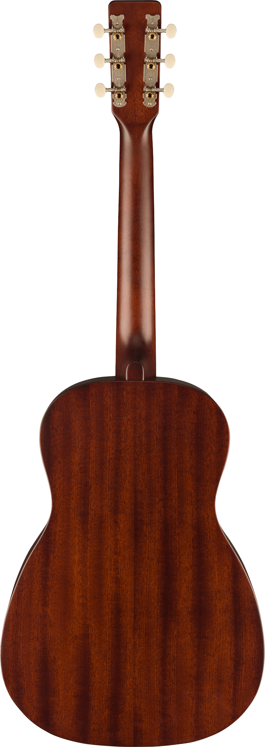 Acoustic guitar back view showing rich, dark brown wood grain, six gold tuning pegs with cream knobs, and smooth neck finish.