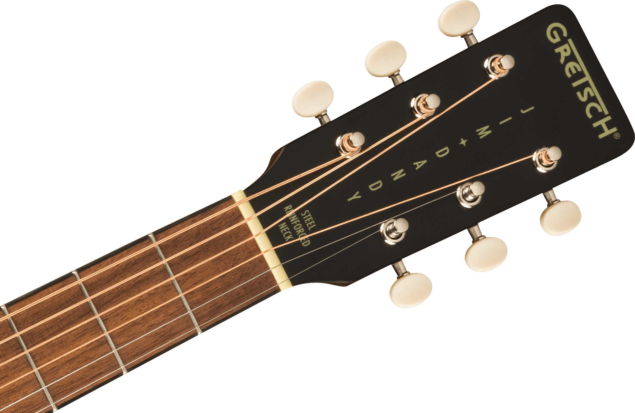 Headstock and upper neck of a Gretsch acoustic guitar, showing six tuning pegs, steel strings, and wood fretboard with metal frets.