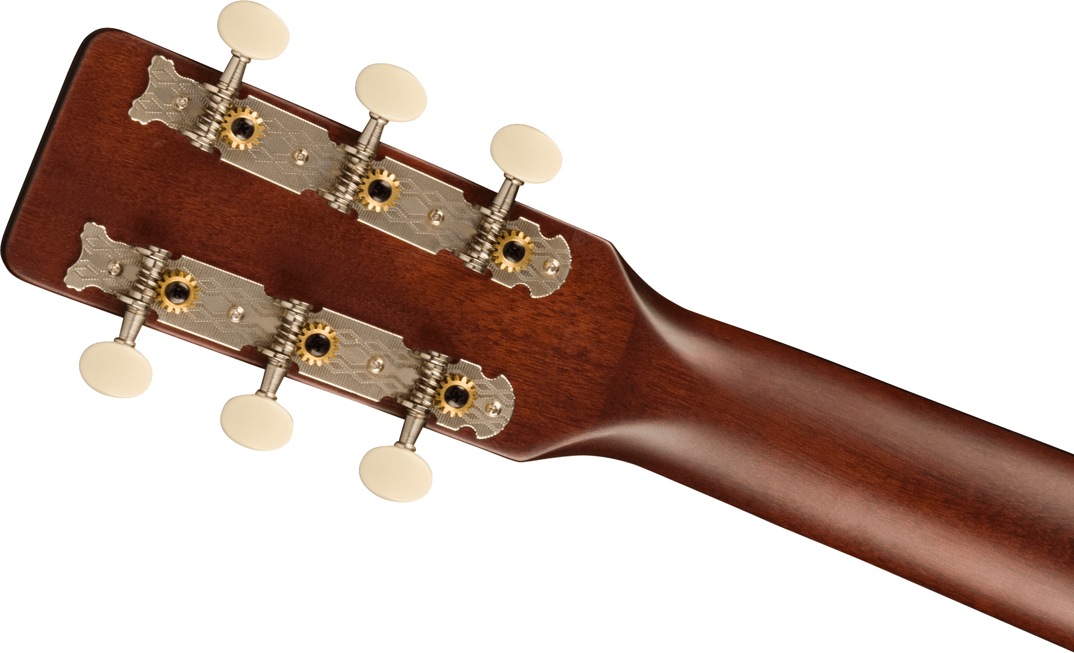 Back of an acoustic guitar headstock showing six vintage-style open-gear tuners with white knobs and engraved metal plates on a dark wood neck.