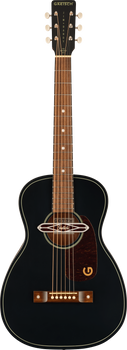 Small-bodied acoustic guitar with a black finish, white outlined edges, wood fretboard, and a brown pickguard featuring a stylized gold 