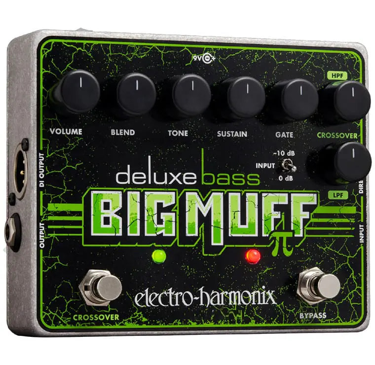 Electro-Harmonix Deluxe Bass Big Muff effects pedal, black with green text, features eight knobs, two footswitches, and labeled input/output jacks.