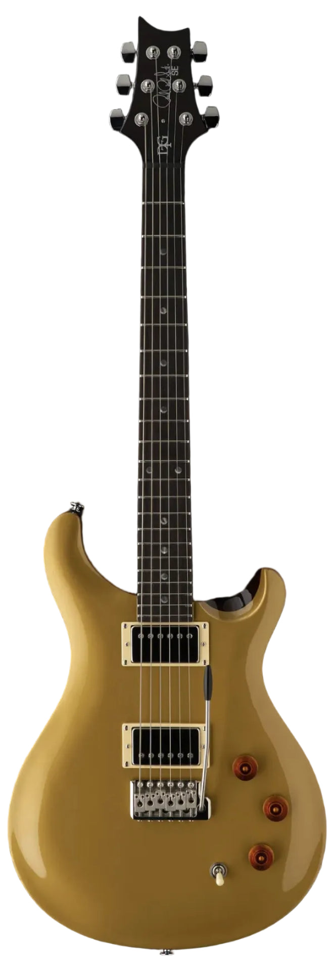 Gold solid-body electric guitar with two black humbucker pickups, three amber control knobs, a whammy bar, and a dark fretboard with dot inlays.