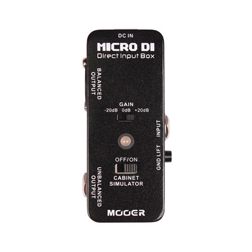 Black Mooer Micro DI effects pedal, labeled Direct Input Box, with gain switch, outputs, input, GND lift, and cabinet simulator on-off switch.