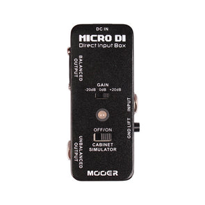 Black Mooer Micro DI effects pedal, labeled Direct Input Box, with gain switch, outputs, input, GND lift, and cabinet simulator on-off switch.