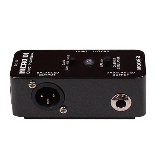 Compact black effects pedal with XLR balanced output, 1/4 inch unbalanced output, buttons for gain, ground lift, and cabinet simulator.