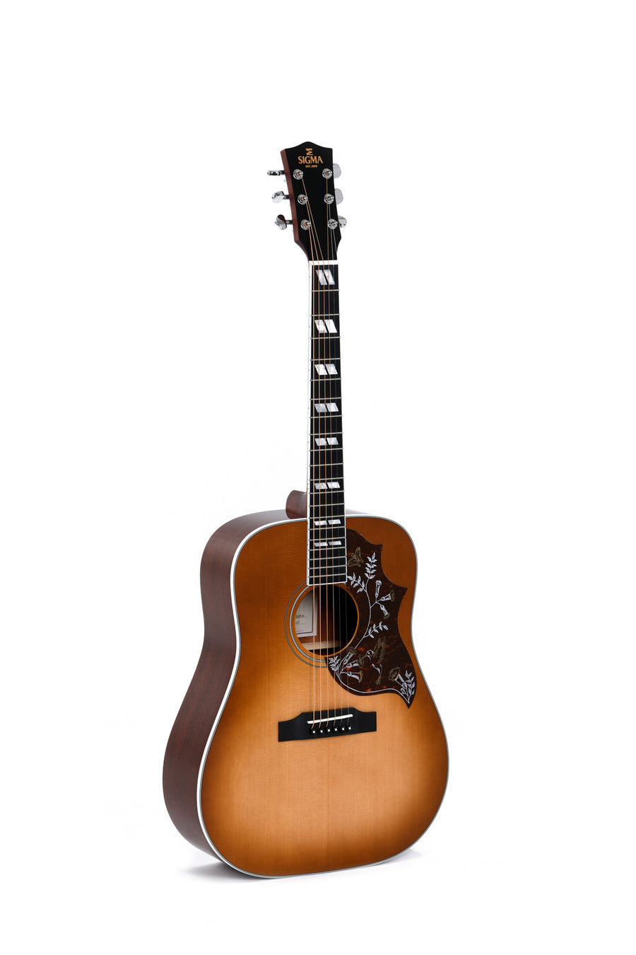 Sunburst acoustic guitar with square inlays on the fretboard and a dark pickguard featuring a white floral design.