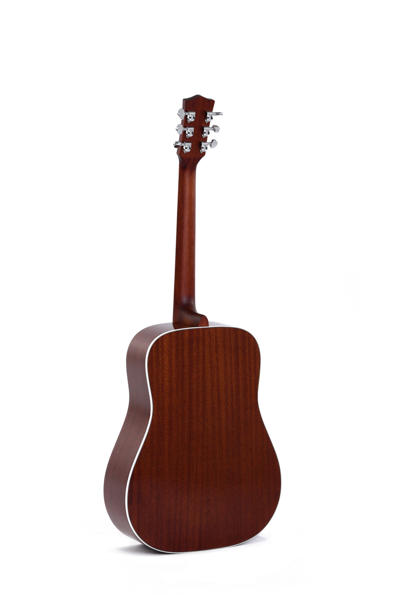 Acoustic guitar shown from the back, featuring a smooth, rich brown wood finish and white trim along the body edges.