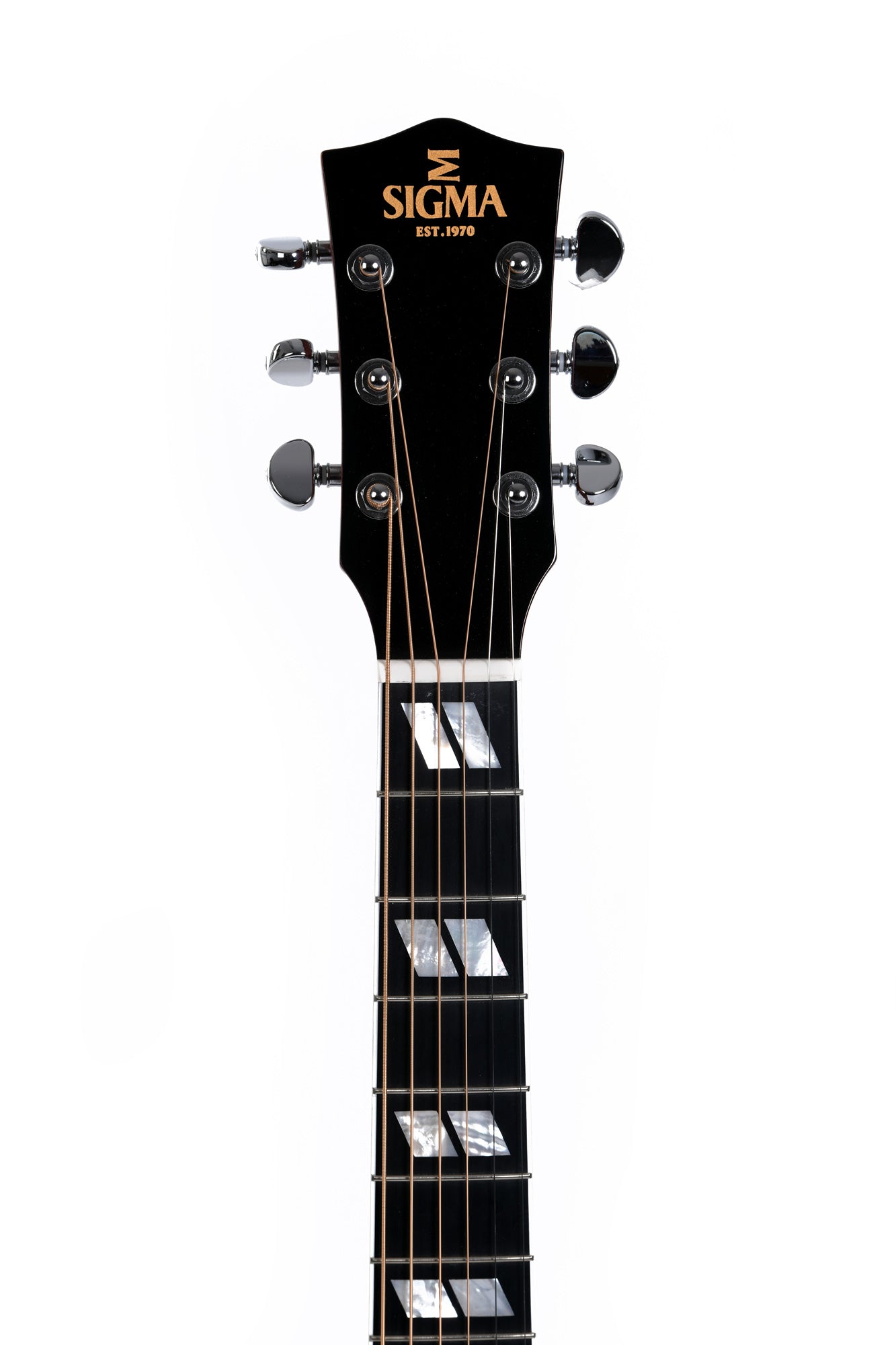 Black headstock acoustic guitar with silver tuners, gold Sigma logo, six steel strings, and diamond-shaped pearl inlays on the dark fretboard.