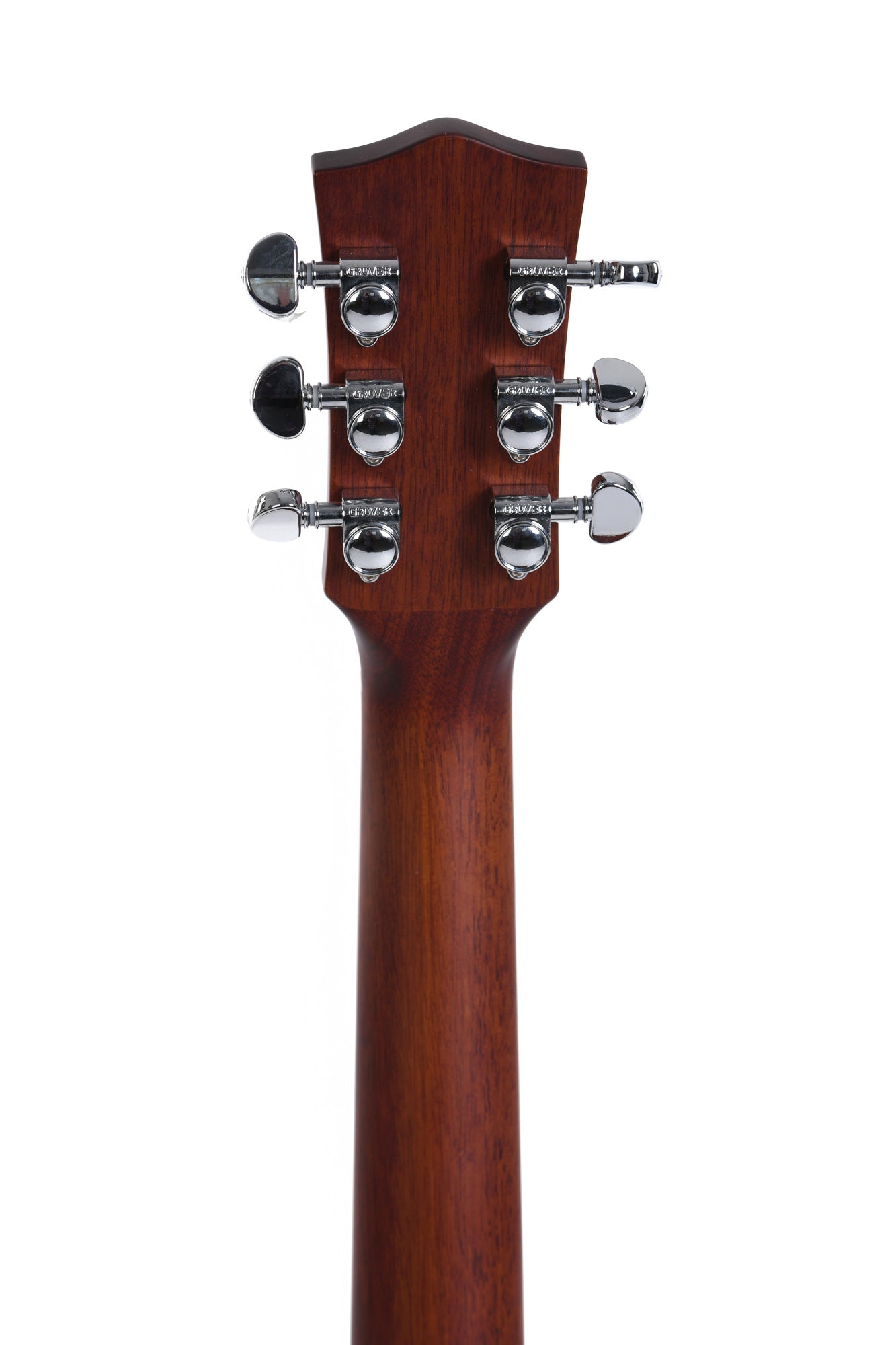 Rear view of an acoustic guitar headstock showing six chrome tuning pegs on a polished dark wood neck.