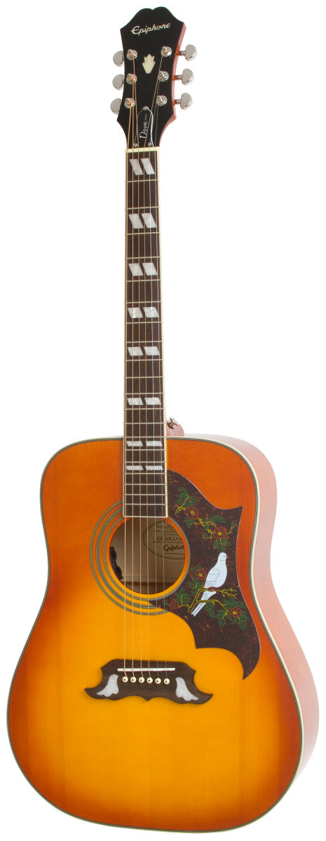 Sunburst Epiphone acoustic guitar with a square-shouldered body, decorative pickguard featuring a white dove, and block inlays on the fretboard.