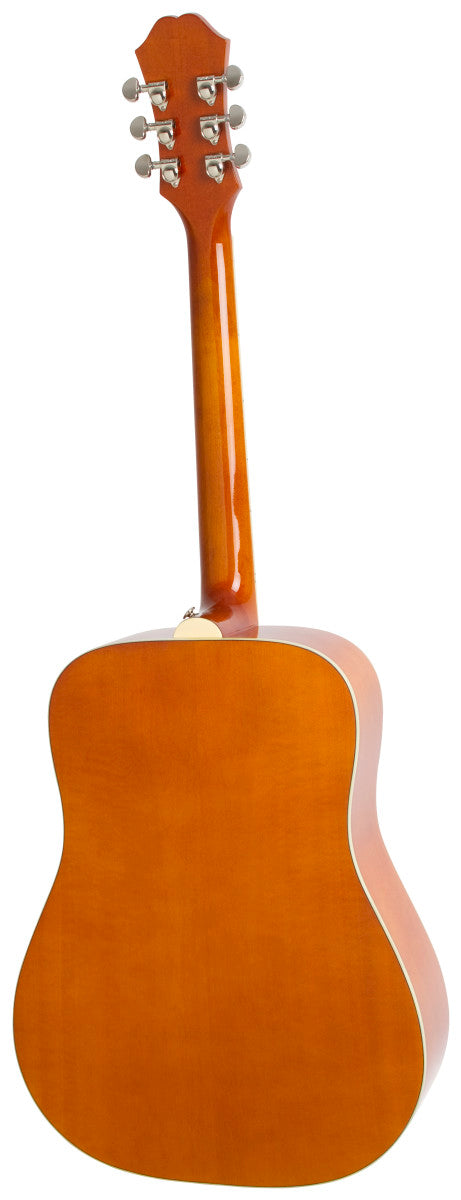 Light brown acoustic guitar shown from the back, displaying a smooth wooden finish, curved body, and six tuning pegs on the headstock.