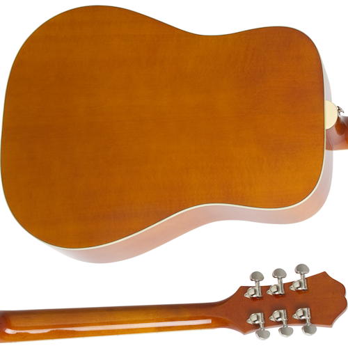 The back side of an acoustic guitar with a smooth, glossy wood finish and silver tuning pegs on the neck.