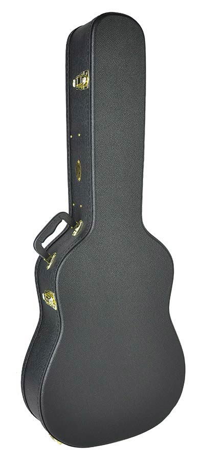 Black hard-shell guitar case with a textured surface, gold latches, and a sturdy side handle for carrying.