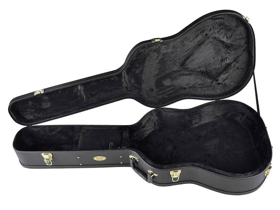 Hardshell guitar case open to show its plush black interior with gold latches and a carrying handle on the side.