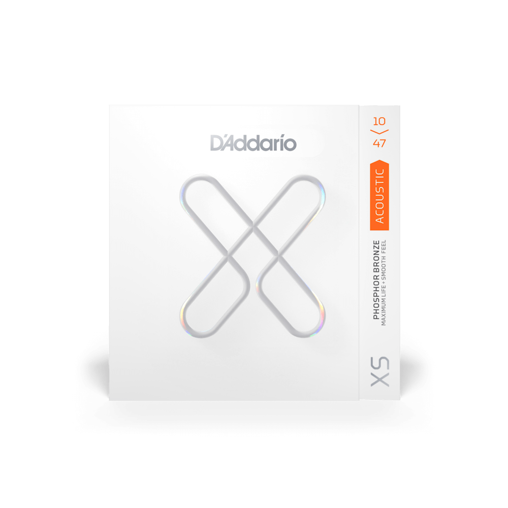 D'Addario XS phosphor bronze acoustic guitar strings, gauge 10-47, in a white box with a metallic X-shaped design on the front.