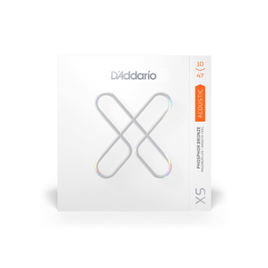 D'Addario XS phosphor bronze acoustic guitar strings, gauge 10-47, in a white box with a metallic X-shaped design on the front.